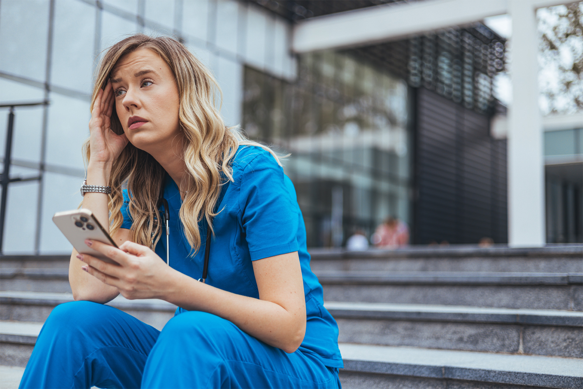Nurse Upset on Stairs